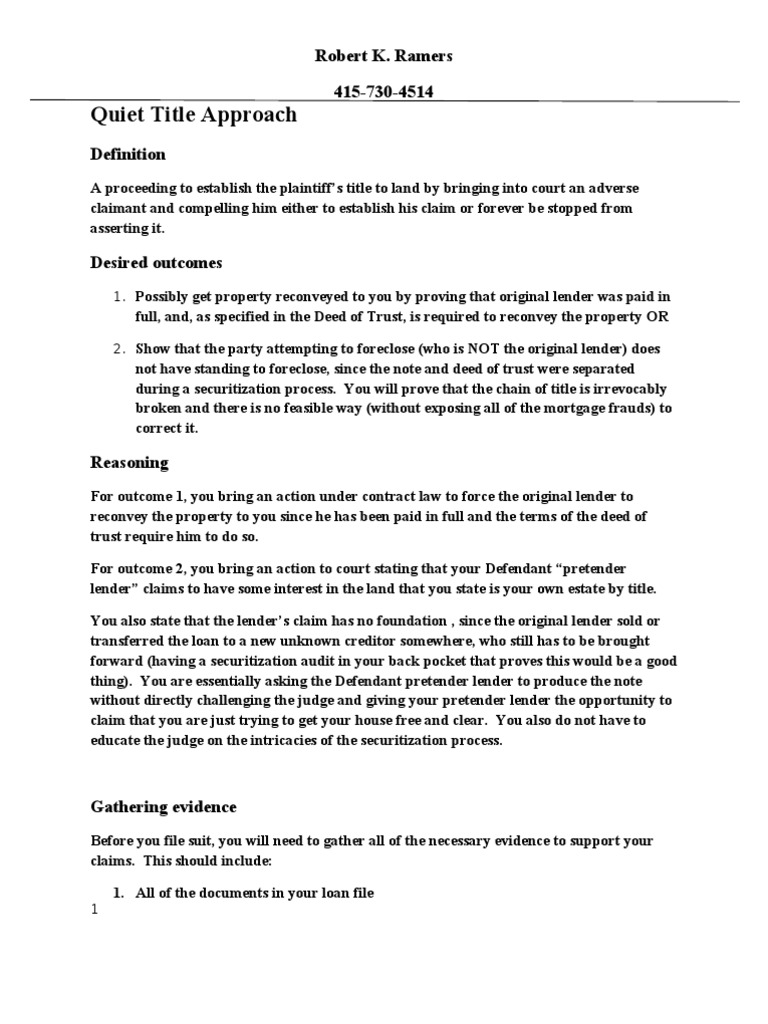 Quiet Title Approach PDF Deed Of Trust (Real Estate) Real Estate Law