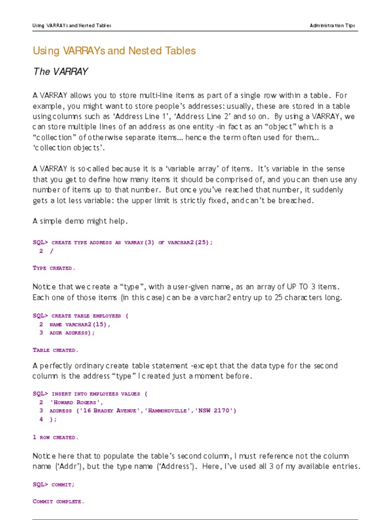 Oracle - Varrays and Nested Tables | PDF | Array Data Structure ...