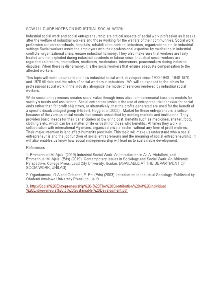 Sow 111 Guide Notes On Industrial Social Work 2 PDF