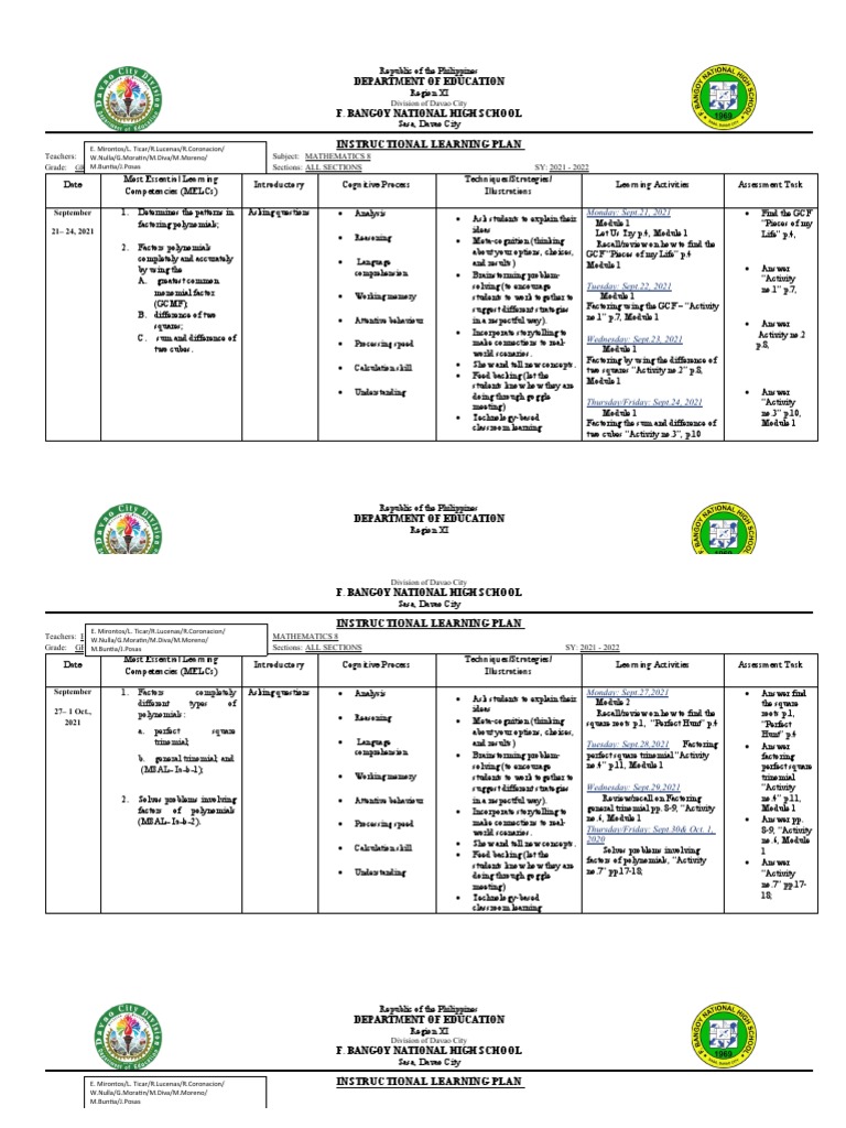 Math 8 Instructional Plan 2021-2022 | PDF | Metacognition | Learning