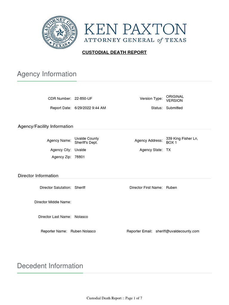 Uvalde County Sheriff Department Custodial Death Report PDF Coroner