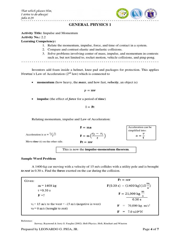 General Physics 1: Activity Title: Impulse and Momentum Activity No.: 2 ...