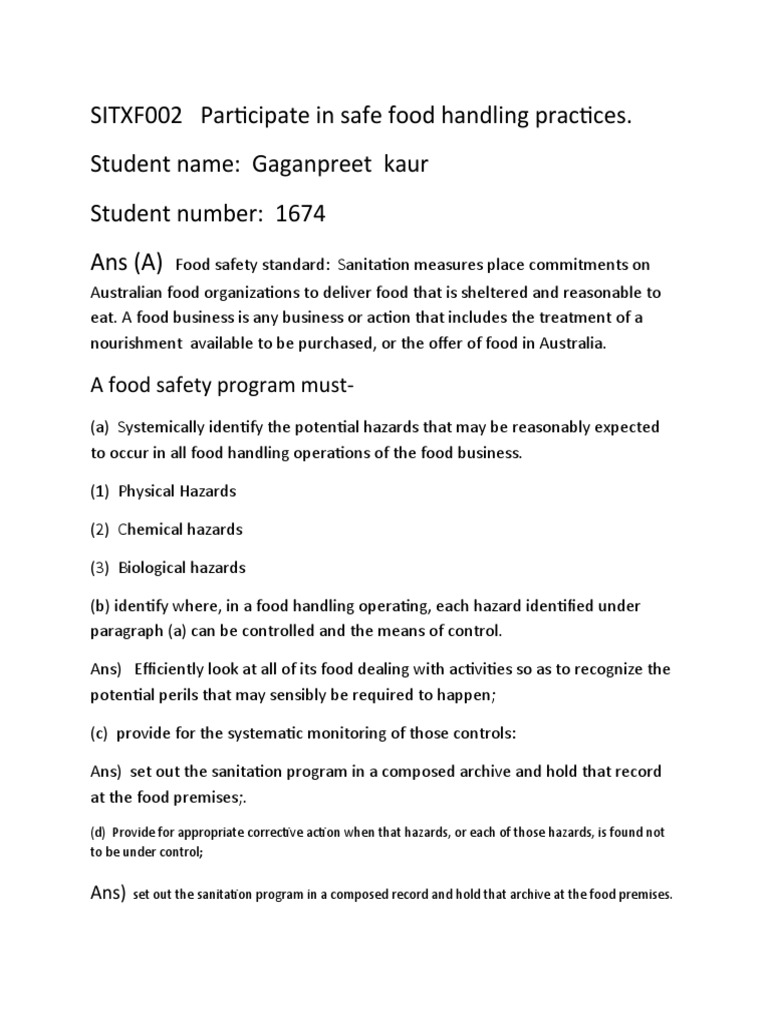 SITXF002 Participate in safe food handling practices PDF Foods