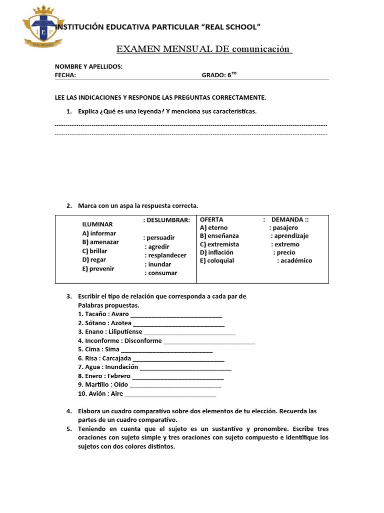 Examen Mensual de Comunicación 6to Grado | PDF | Lingüística | Fonética