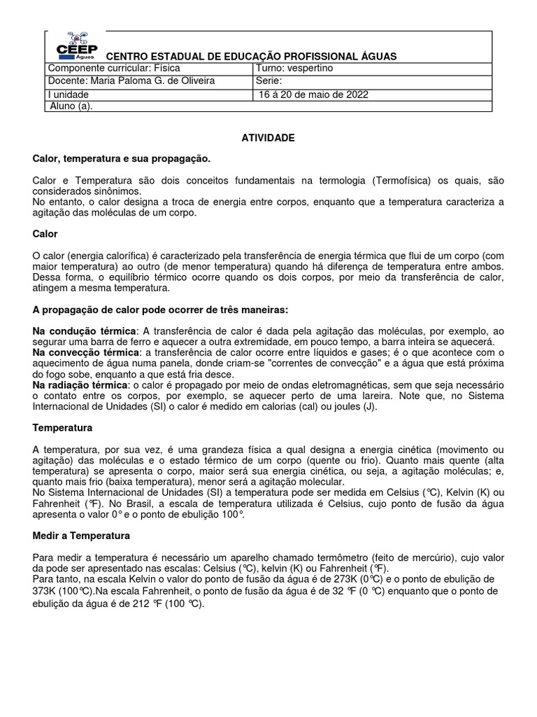 Calor e Temperatura: Conceitos e Medidas | PDF | Celsius | Temperatura