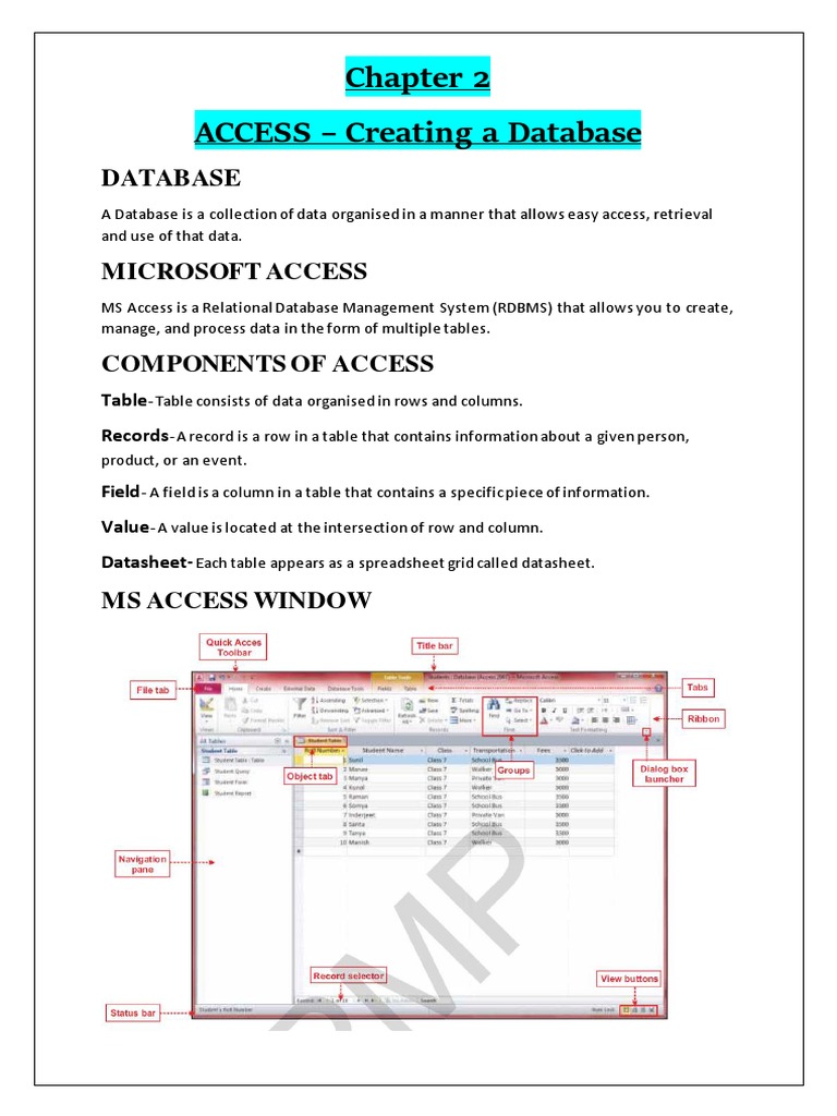 Class 8 - CH 2 - Access-Creating A Database (Notes) | PDF
