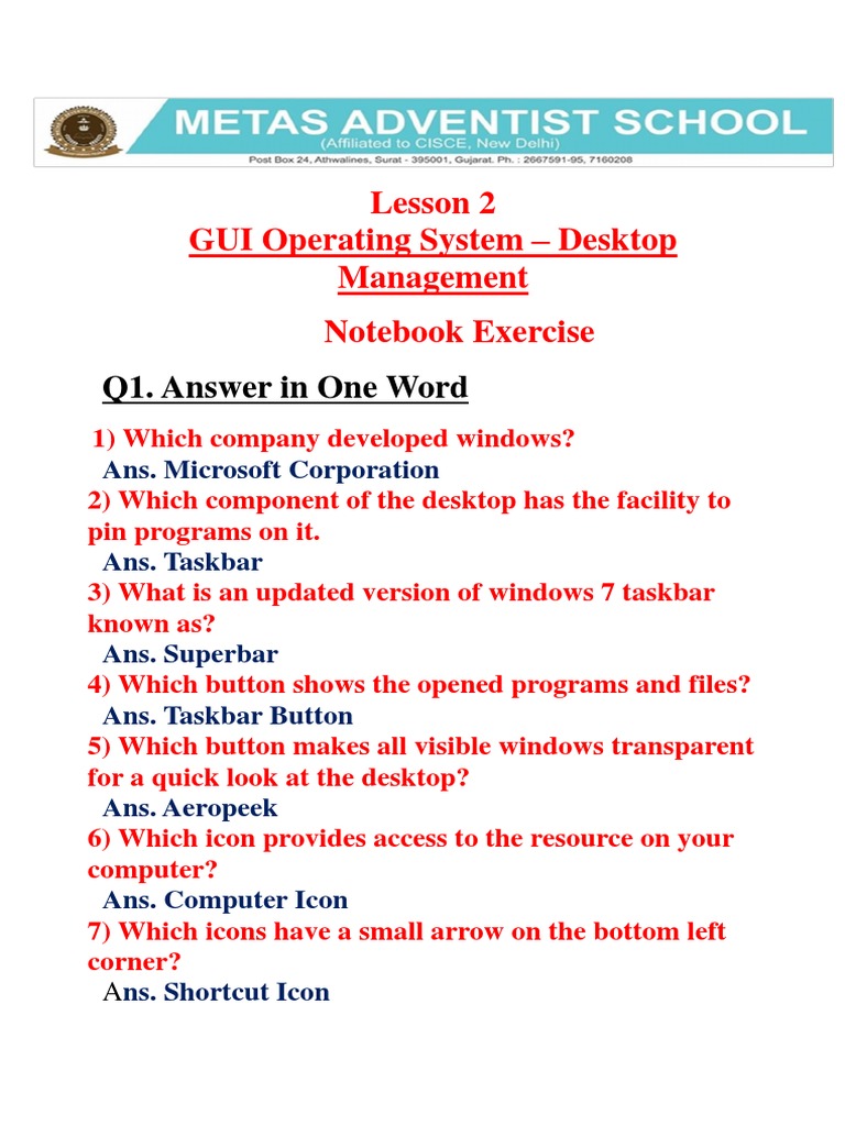 Lesson 2 GUI Operating System - Desktop Management Notebook Exercise ...