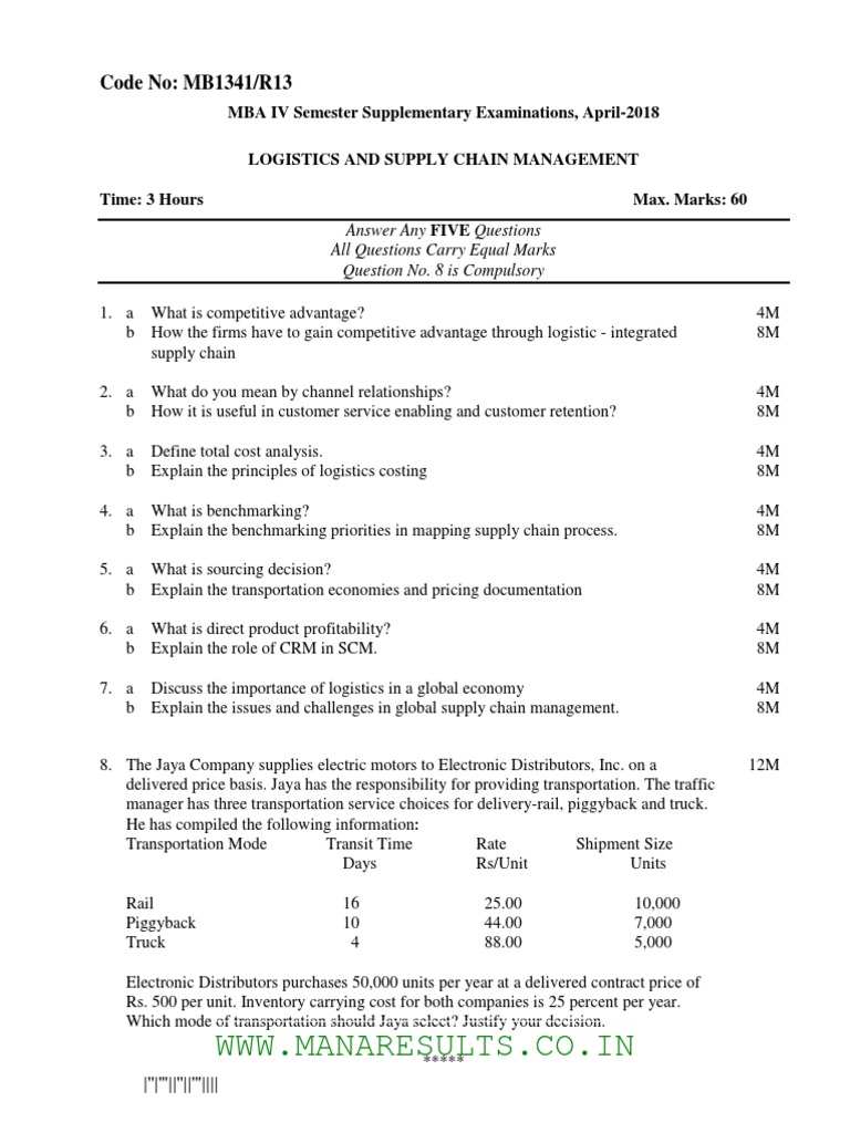 MB1341/R13 MBA IV Semester Logistics and Supply Chain Management Exam ...