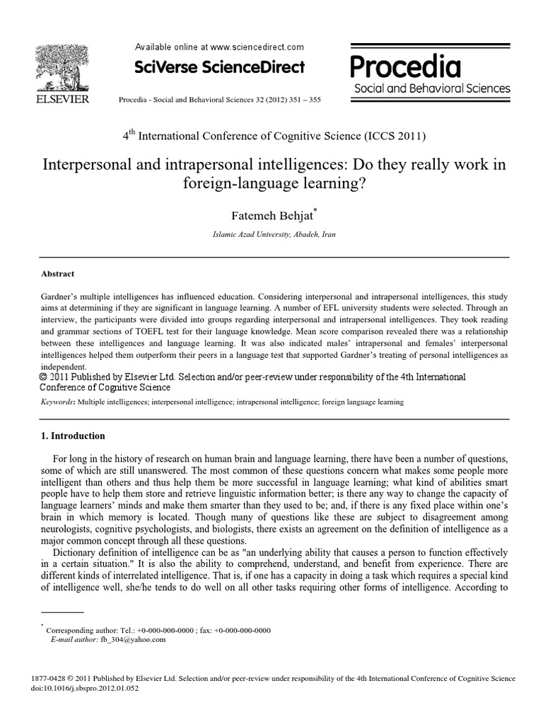 Interpersonal And Intrapersonal Intelligences Do T Pdf Intelligence