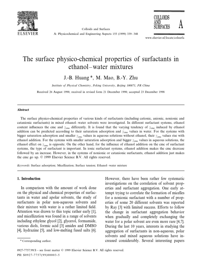 The Surface PhysicoChemical Properties of Surfactants in Ethanol