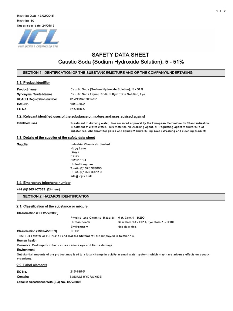 SDS Caustic Soda Solution PDF Sodium Hydroxide Chemistry
