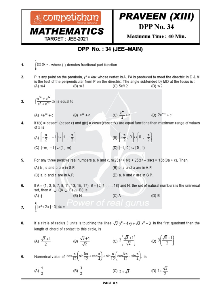 JEE 2021 DPP 34: Math Problems & Solutions | PDF | Trigonometric ...