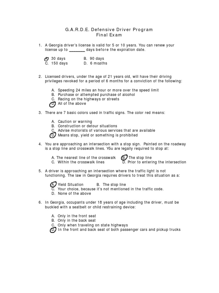 G.A.R.D.E. Defensive Driver Program Final Exam | PDF | Driving 