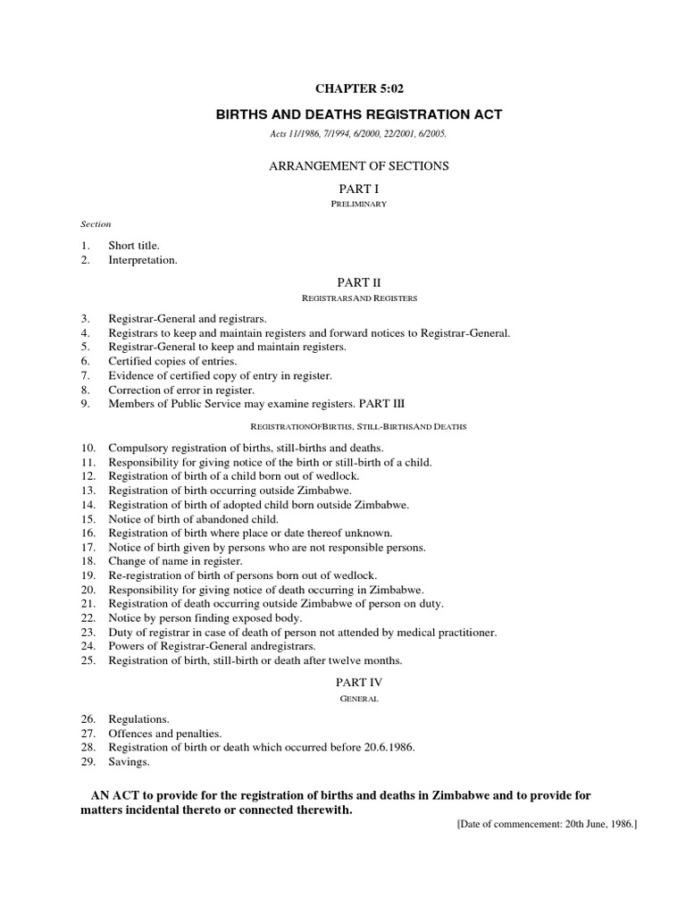 Births and Deaths Registration Act Arrangement of Sections PDF