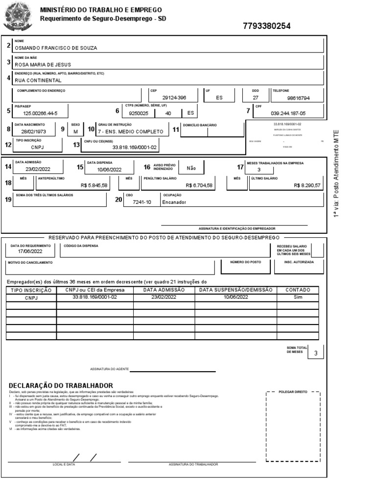 Requerimento Do Seguro Desemprego Osmando Francisco | PDF | Emprego ...