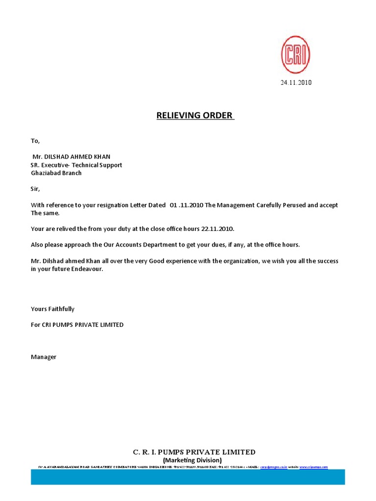 Relieving Order for Dilshad Ahmed Khan | PDF
