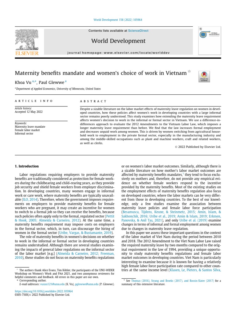 Maternity Benefits Mandate and Women's Choice of Work in Vietnam PDF Employment Parental Leave