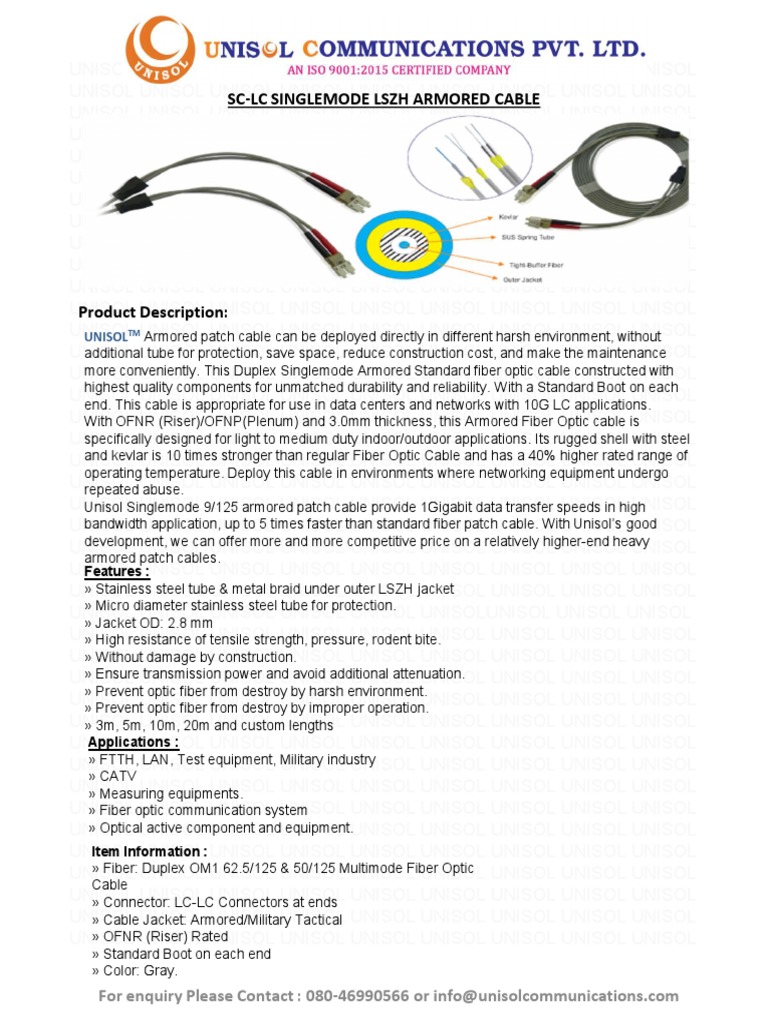 Armored Fiber Patch Cord SM Datasheet PDF Optical Fiber Materials