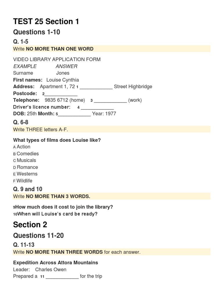 TEST 25 Section 1: Questions 1-10 | PDF | Psychology