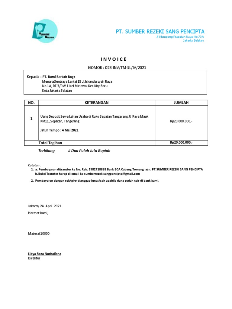 Invoice Pembayaran Sewa Lahan Usaha | PDF