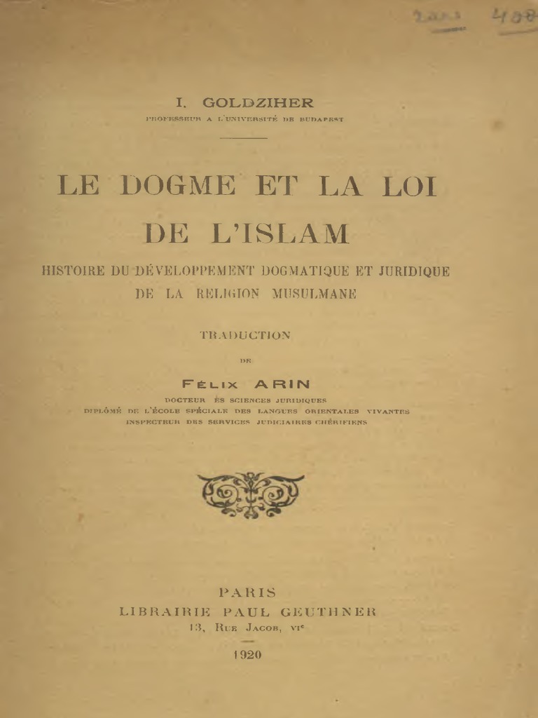 Le Dogme Et La Loi de L'Islam I. Goldziher PDF Dieu Juifs