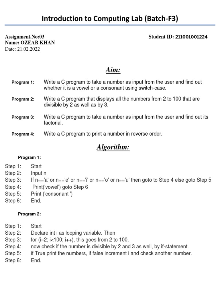 ASSIGNMENT-3 Introduction To Computing Lab (Batch-F3) | PDF ...