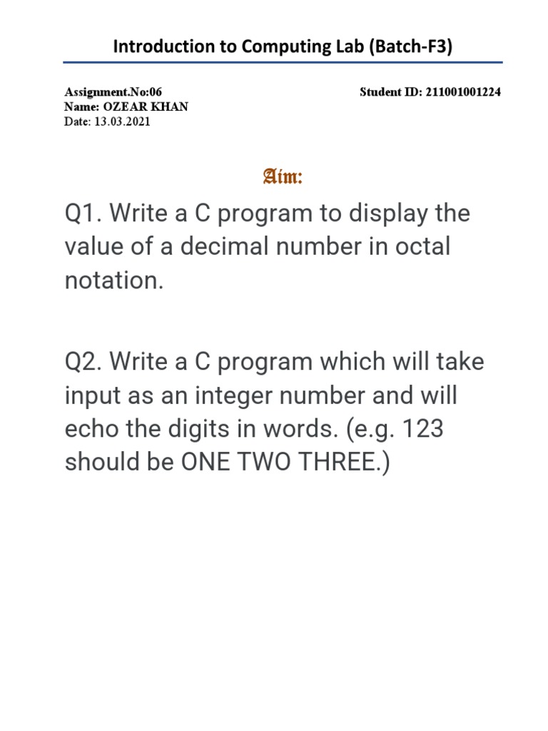 Assignment 06 Introduction To Computing Lab Report Template | PDF ...