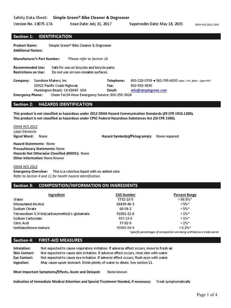Simple Green® Bike Cleaner & Degreaser PDF Toxicity Water