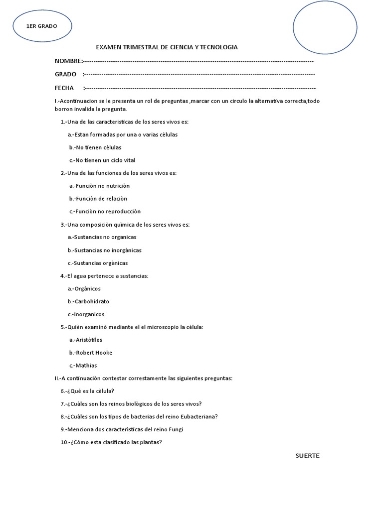 Examen Trimestral de Ciencia y Tecnologia Primer Grado 2022 | PDF