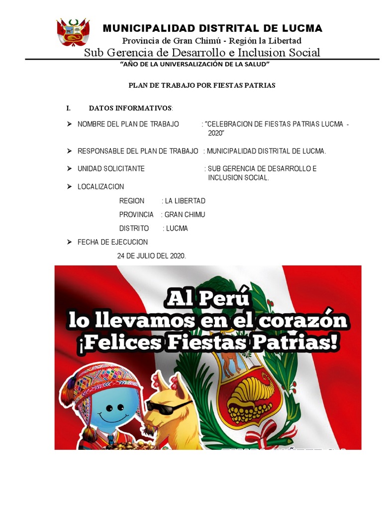 Plan de Trabajo Por Fiestas Patrias PDF
