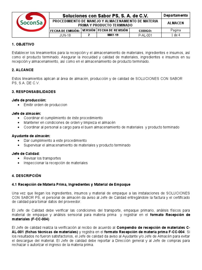 Procedimiento de Almacenamiento y Manejo | PDF | Almacén