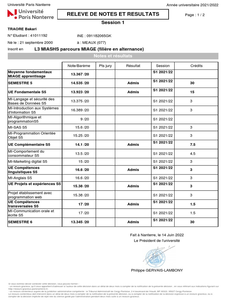 Relevé de notes L3 MIASHS 2021/2022 | PDF | Technologie et ingénierie