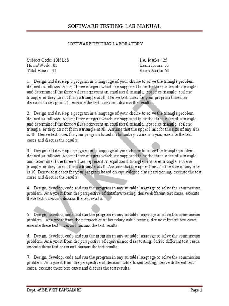 Software Testing Lab Manual Dept. of Ise, Vkit Bangalore PDF