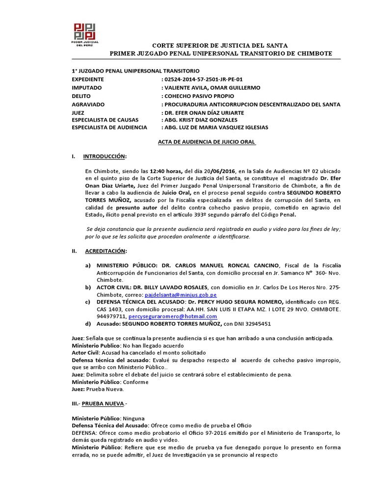 Acta de Audiencia de Juicio Oral | PDF | Procedimiento Criminal | Castigos