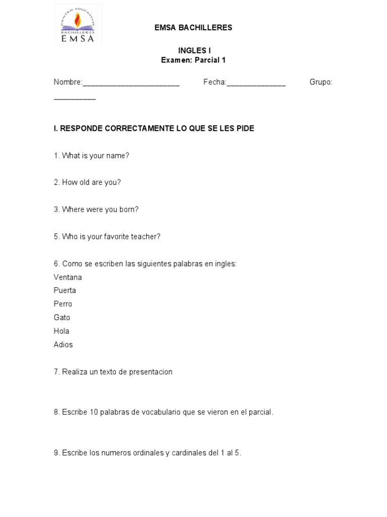 Examen Parcial 1 Inglés I EMSA Bachilleres | PDF | Artes del Lenguaje y ...