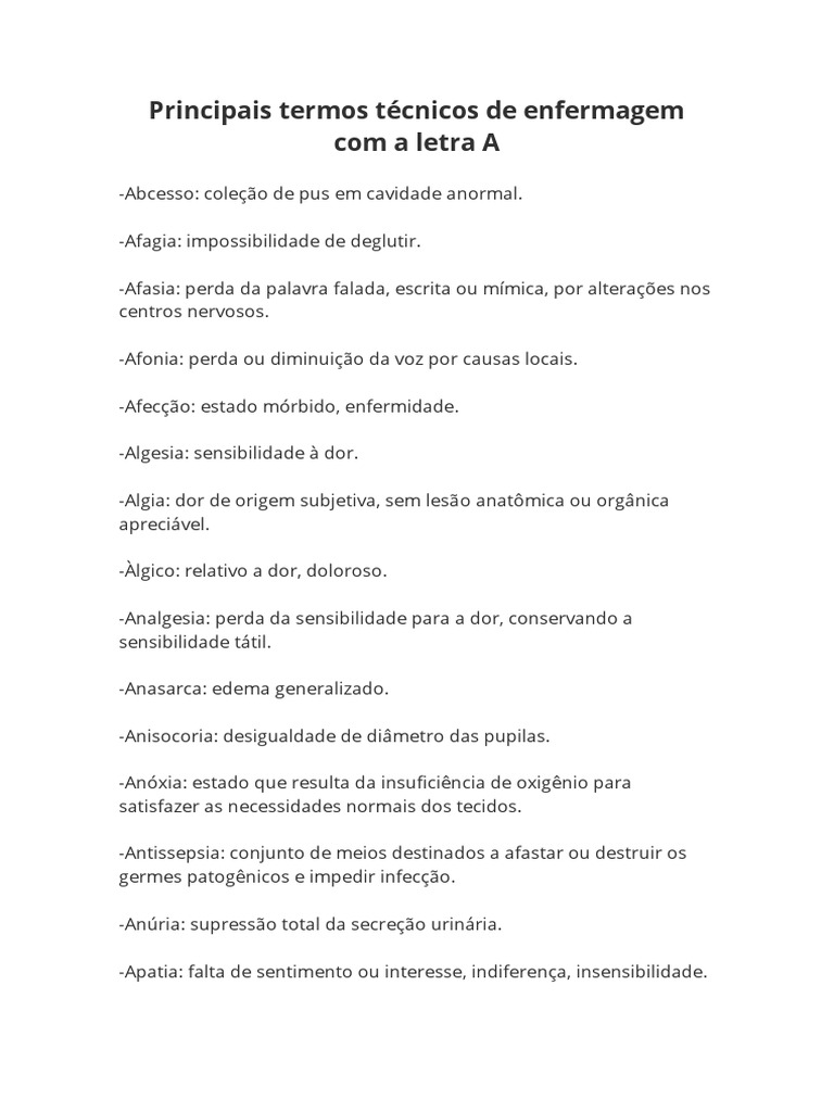 Termos Técnicos de Enfermagem: Letra A | PDF | Dor | Sangue