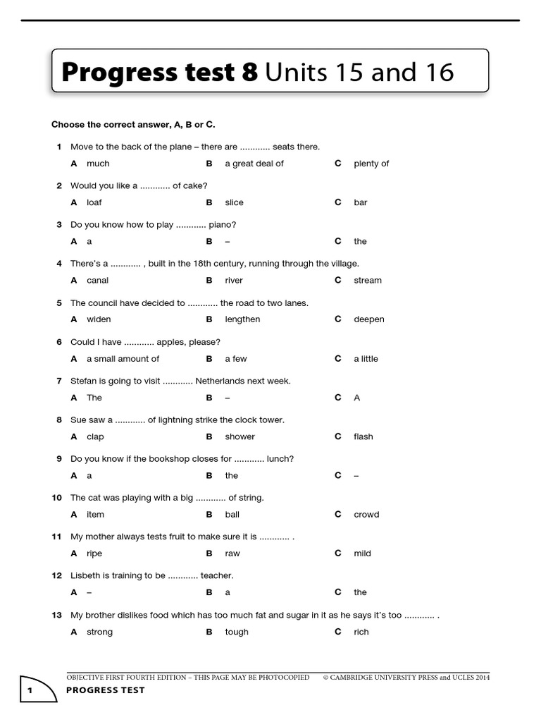 Progress Test 8 Units 15 and 16 | PDF