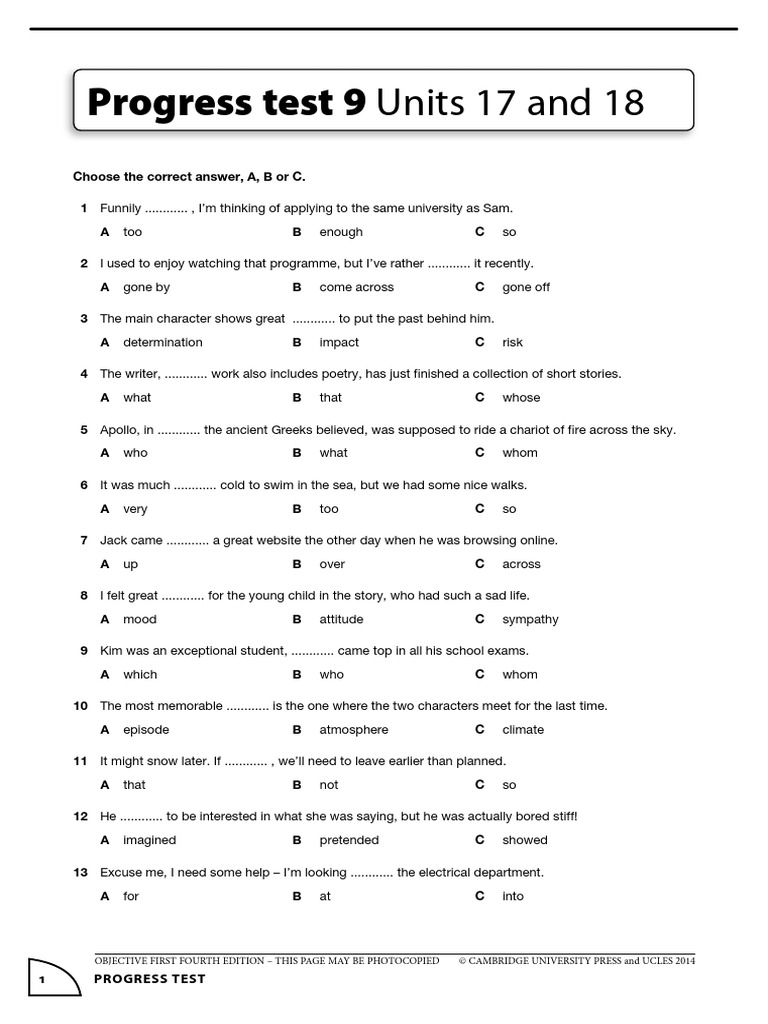 Progress Test 9 Units 17 and 18 | PDF