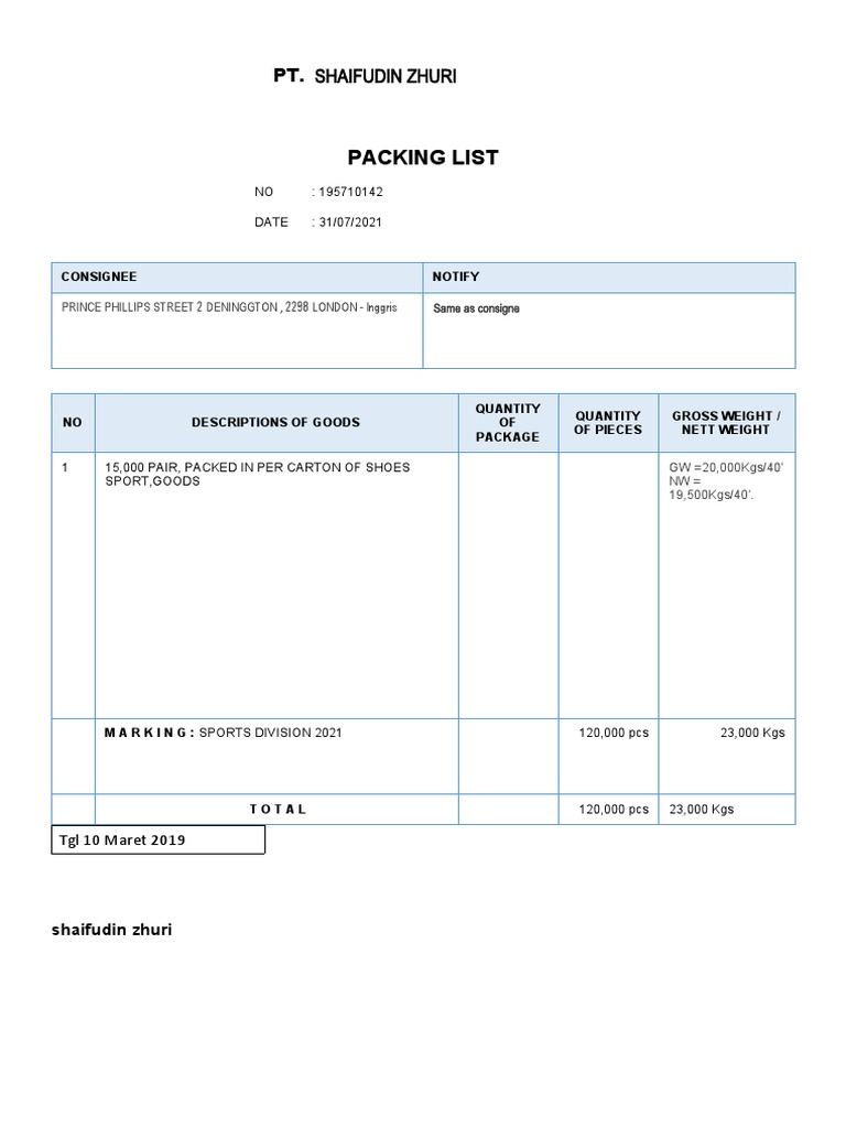 Packing List for Sports Shoes Shipment | PDF