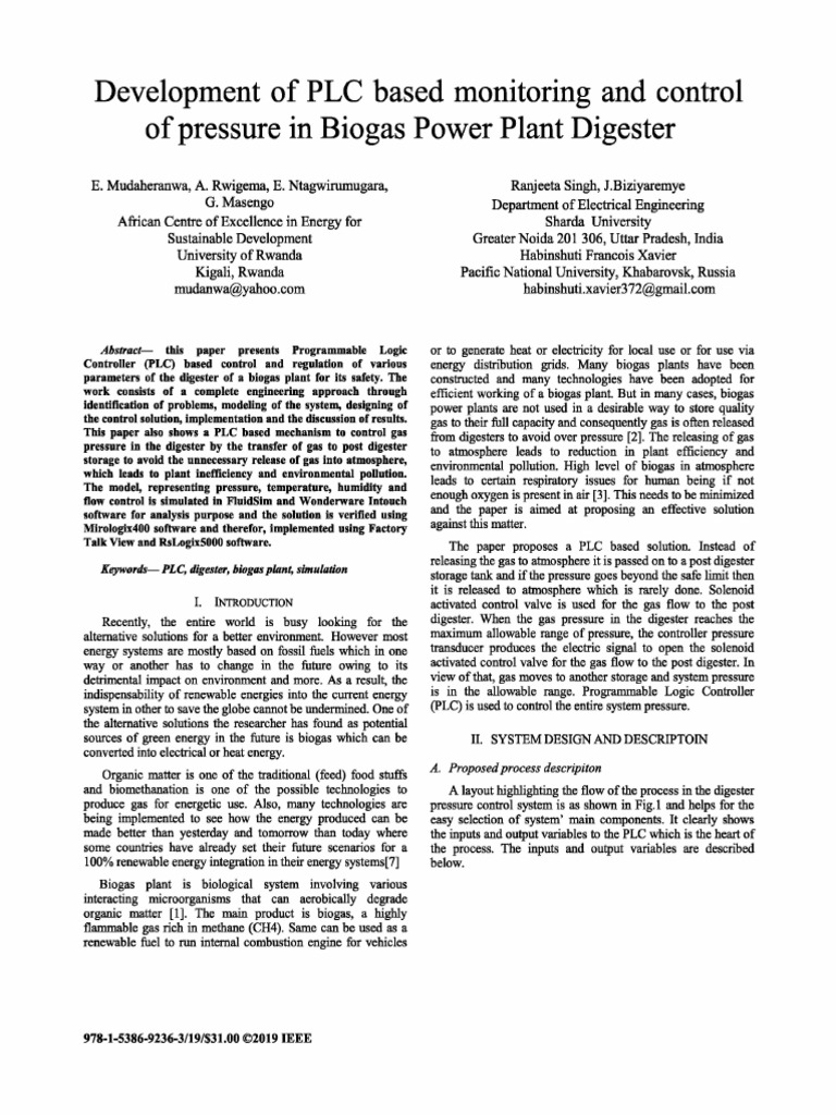 Development of PLC Based Monitoring and Control of Pressure in Biogas ...