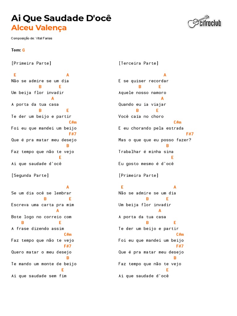 Ai Que Saudade D'ocê - Letra e Cifras | PDF