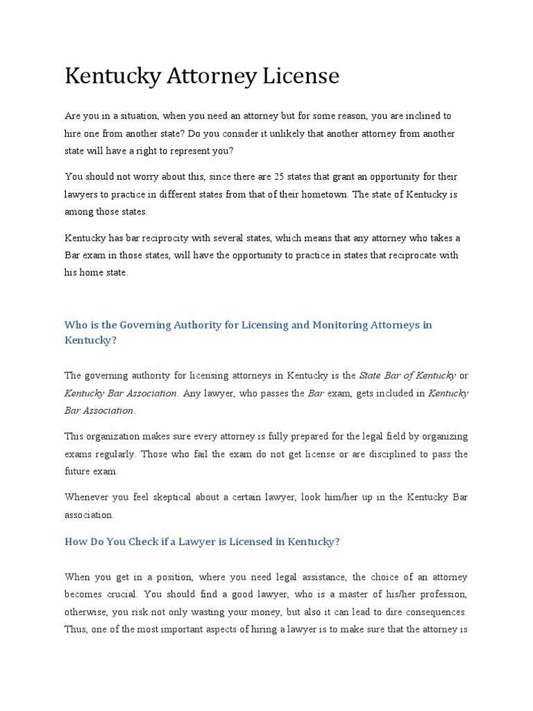 Kentucky Attorney License PDF Lawyer Bar Association