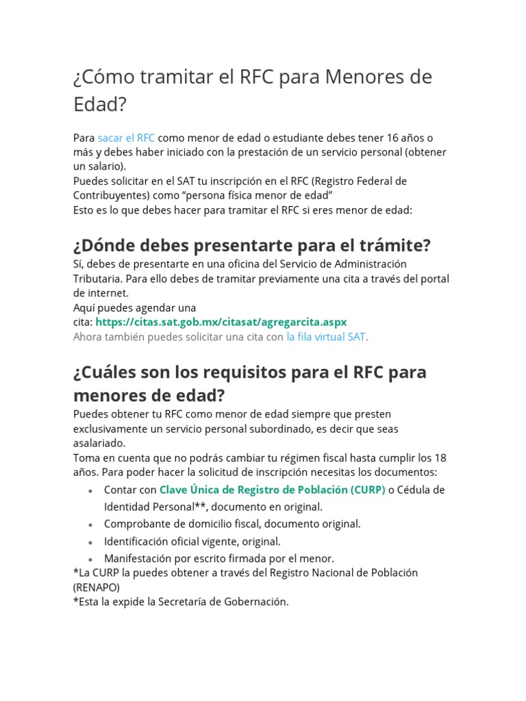 C mo tramitar el rfc para menores de edad pdf gobierno