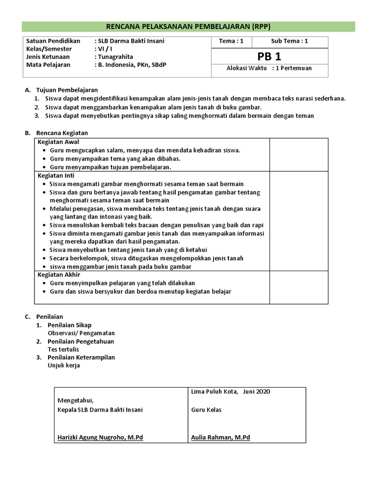 RPP Pembelajaran B. Indonesia SLB VI | PDF | Seni & Disiplin Bahasa