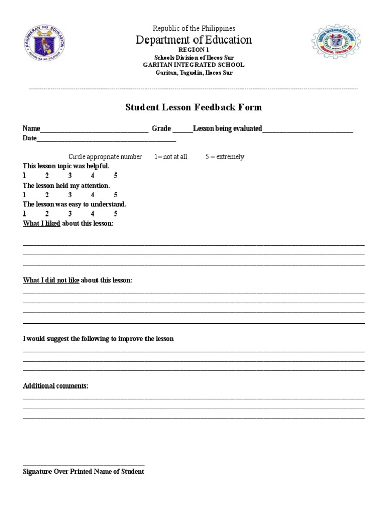 Department of Education: Student Lesson Feedback Form | PDF | Learning ...