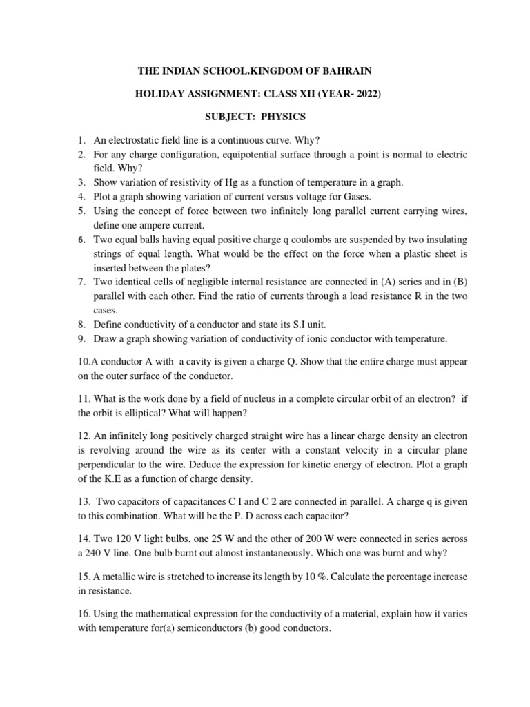 Class XII Physics Holiday Assignment | PDF | Capacitor | Electrical ...