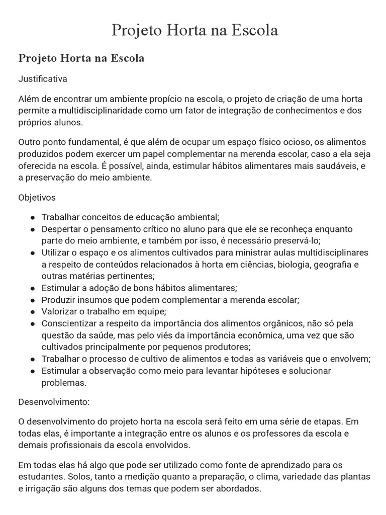 Projeto Horta Escolar: Educação e Sustentabilidade | PDF ...