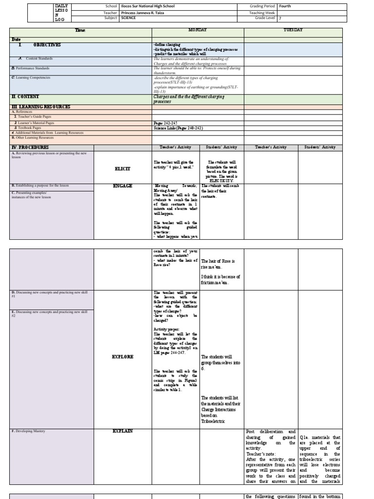 Grade 7 Science Lesson Plan on Charging | PDF | Teachers ...