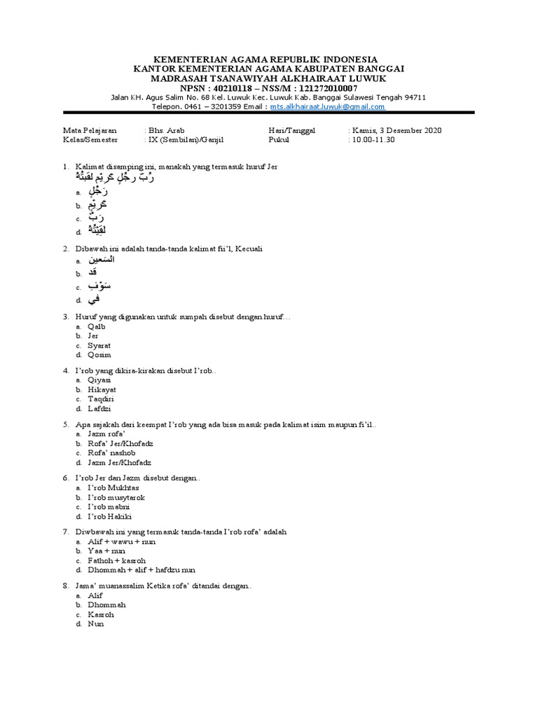 Soal Ujian Bahasa Arab Kelas IX | PDF | Seni & Disiplin Bahasa | Kajian ...