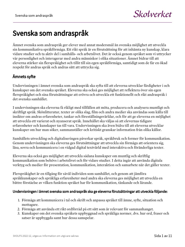 Svenska Som Andrasprak | PDF